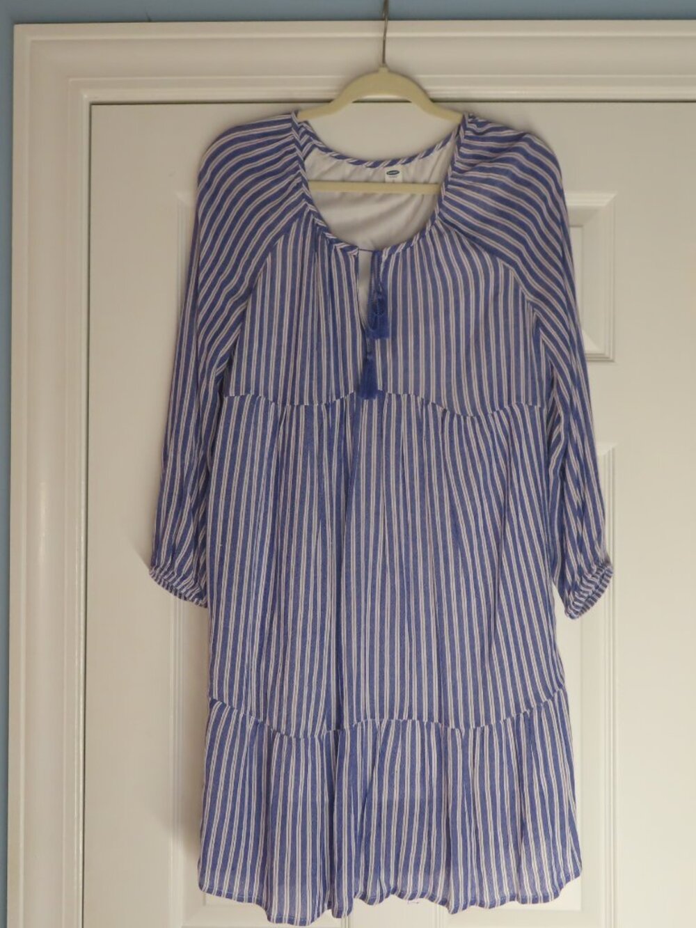 Old Navy Dress Women Blue Stripe Long Sleeve Empire Boho Peasant Lined Coastal S
